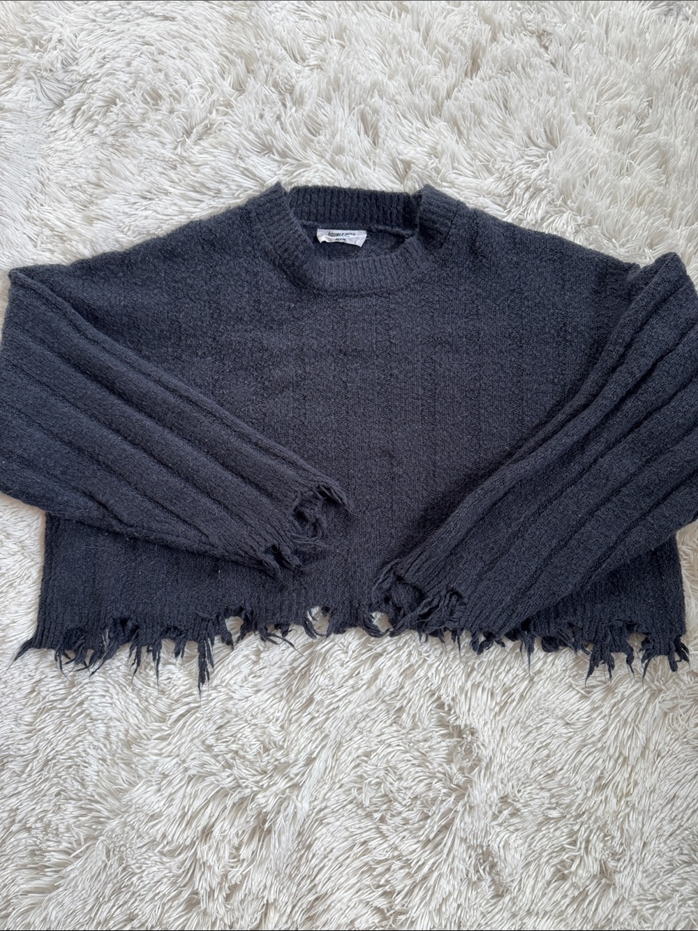 Double Zero Black Ribbed Relaxed Fit Distressed Crewneck Cropped Sweater